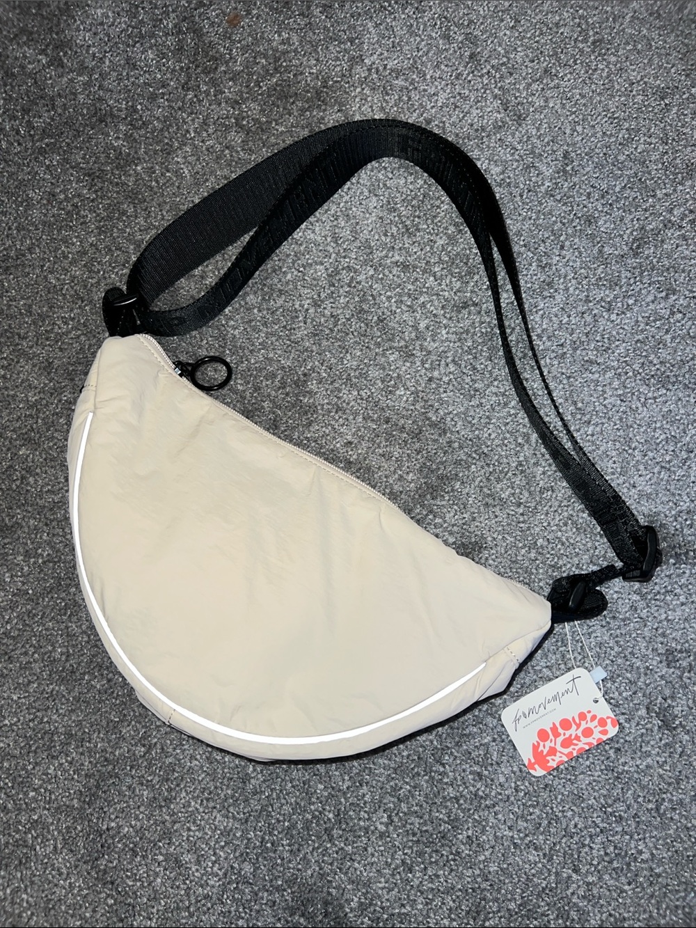 Free People Movement Light Beige Crescent Crossbody Bag with Black Strap OSFA
